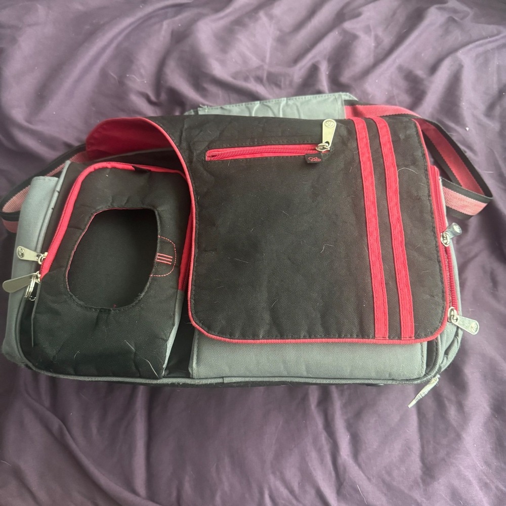 Fisher-Price Diaper Bag Messenger Shoulder Bag Black Gray Red Wipe Pocket Strap
